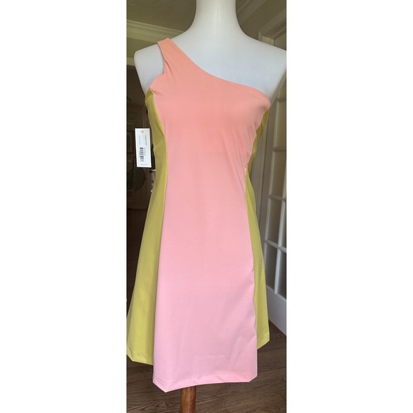 Outdoor Voices One Shoulder Dress Medium Nectarine Dijon Colorblock NWT - Picture 2 of 9